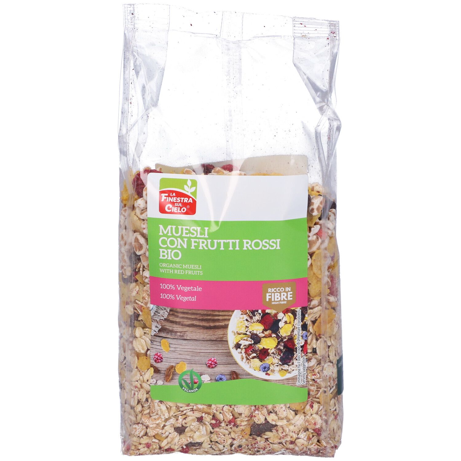 Confezione trasparente di muesli. Scritta: Muesli con Frutti Rossi Bio, marchio bio, ricco di fibre.