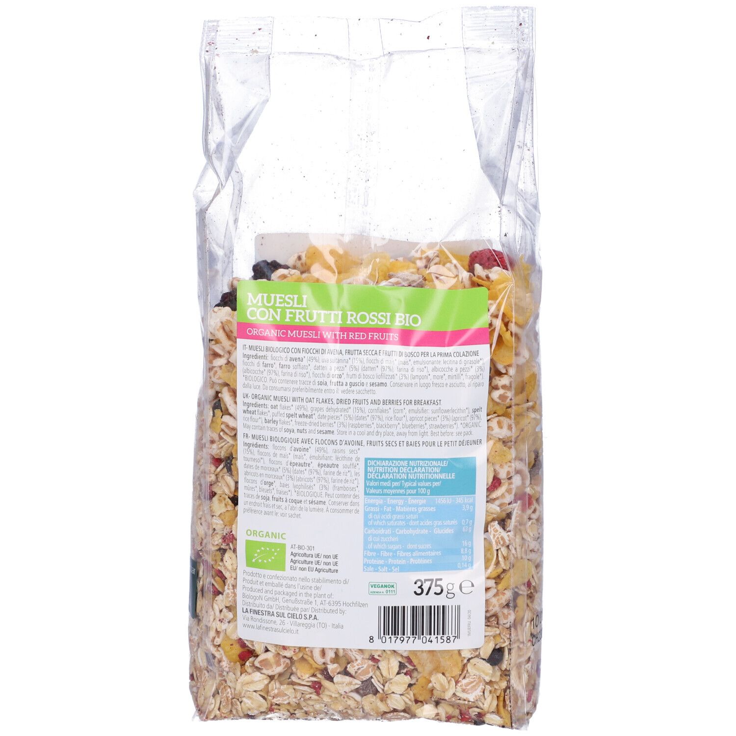 Retro della confezione di muesli. Testo: ingredienti, valori nutrizionali, marchio bio, 375g.