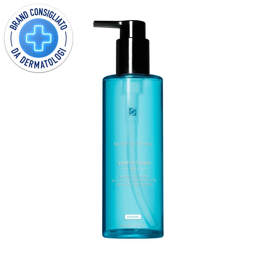 Gel bleu en flacon avec pompe noire. Inscription: Brand Consigliato da Dermatologi.