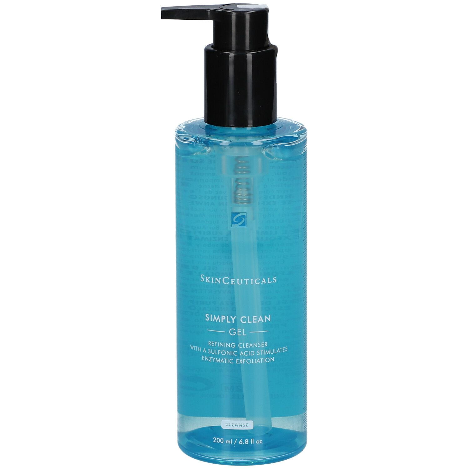 Gel bleu en flacon avec pompe noire. Inscription: Skinceuticals Simply Clean Gel.