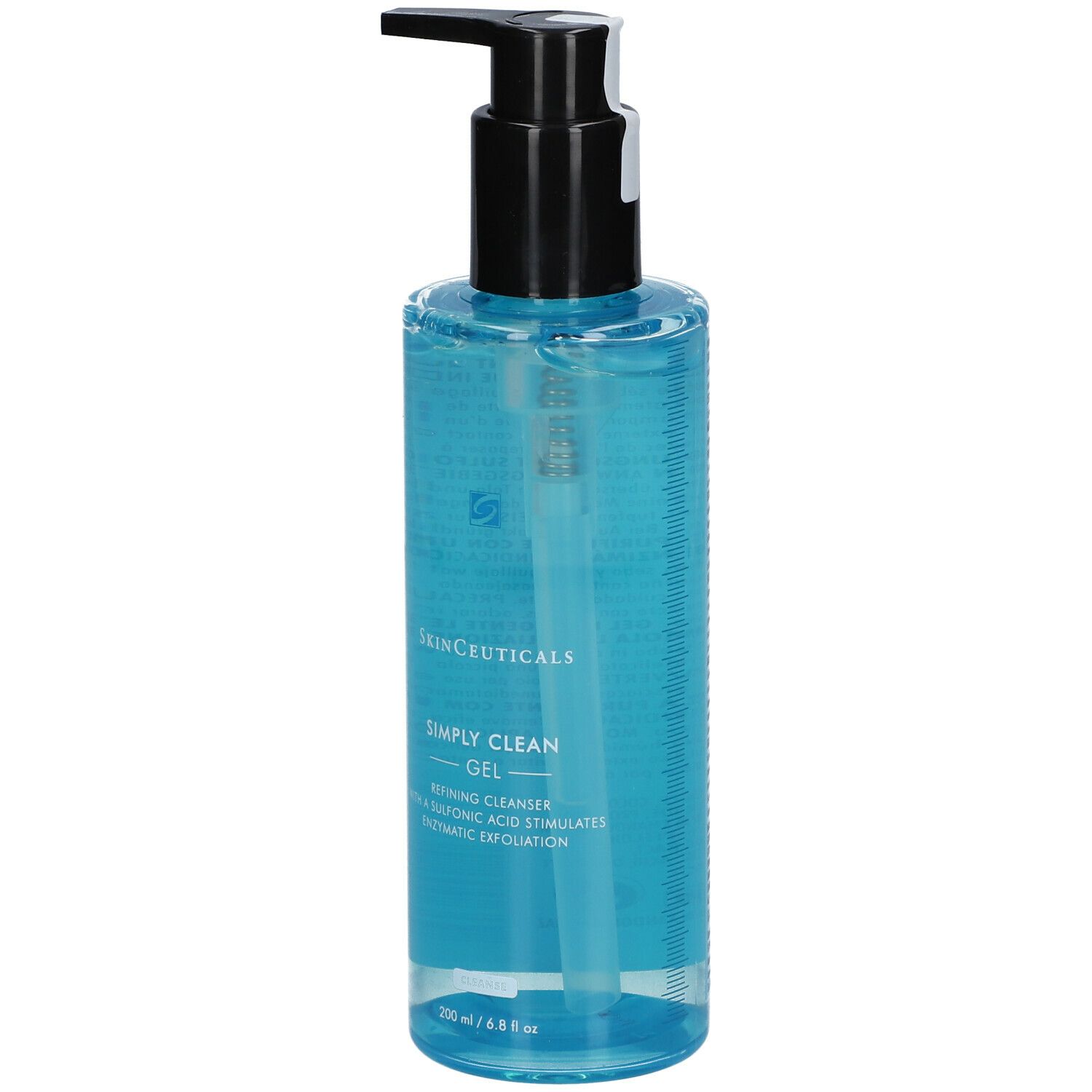 Gel bleu en flacon avec pompe noire. Inscription: Skinceuticals Simply Clean Gel.