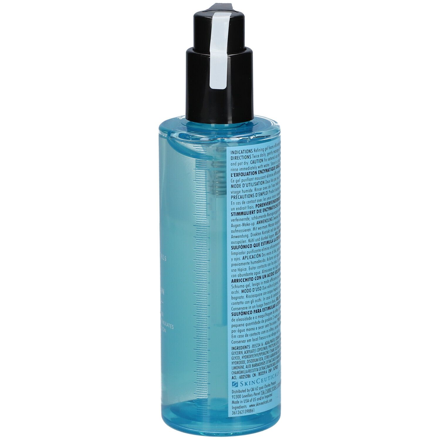 Dos d'un flacon de gel bleu avec pompe noire. Texte en plusieurs langues.