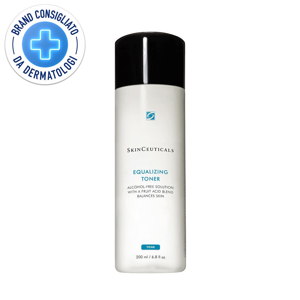 Skinceuticals Equalizing Toner. Flacon blanc avec bouchon noir. Inscription: Equalizing Toner, vegan. Logo: Brand Consigliato da Dermatologi.