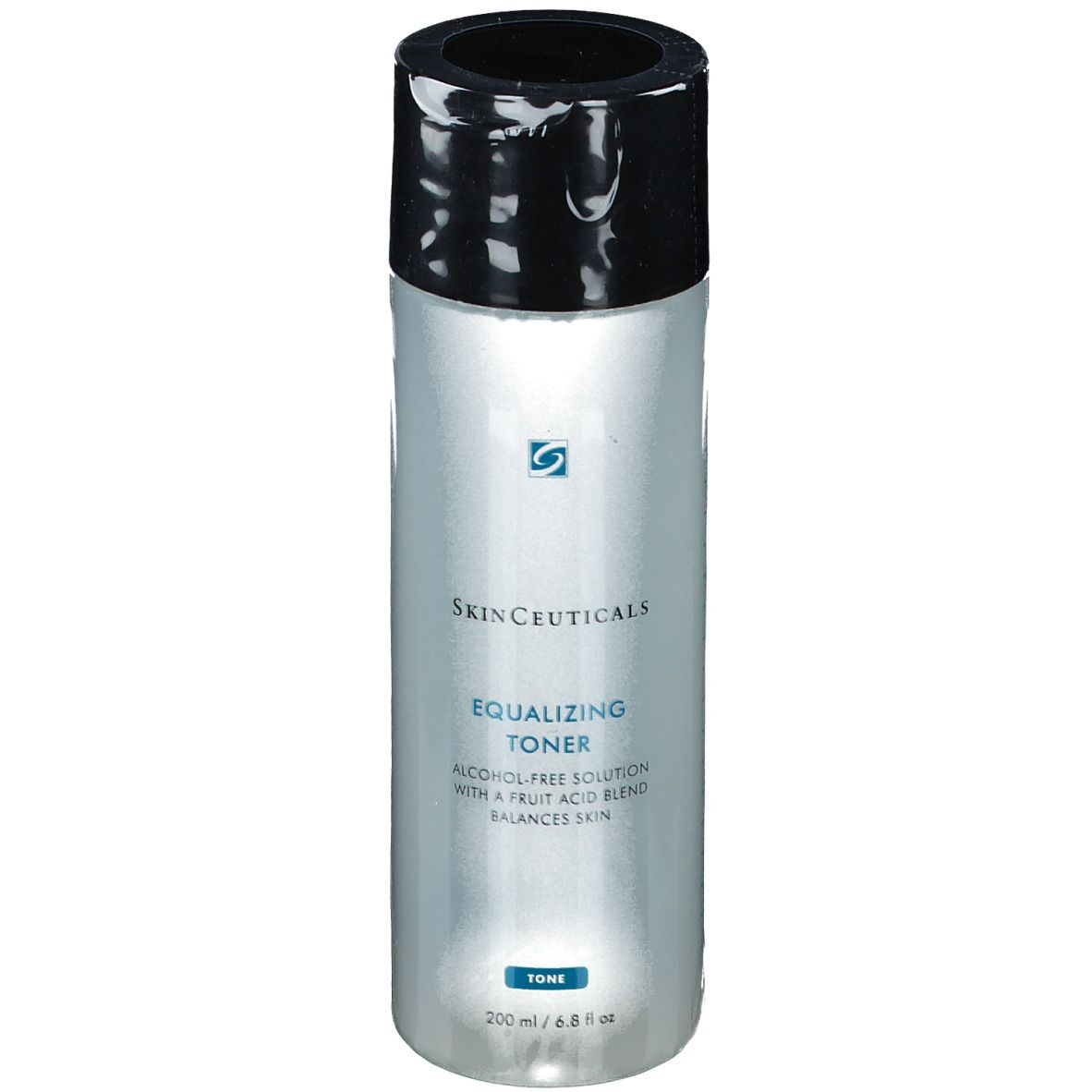 Skinceuticals Equalizing Toner. Flacon cylindrique avec bouchon noir. Inscription: Equalizing Toner. Solution sans alcool. 200 ml.