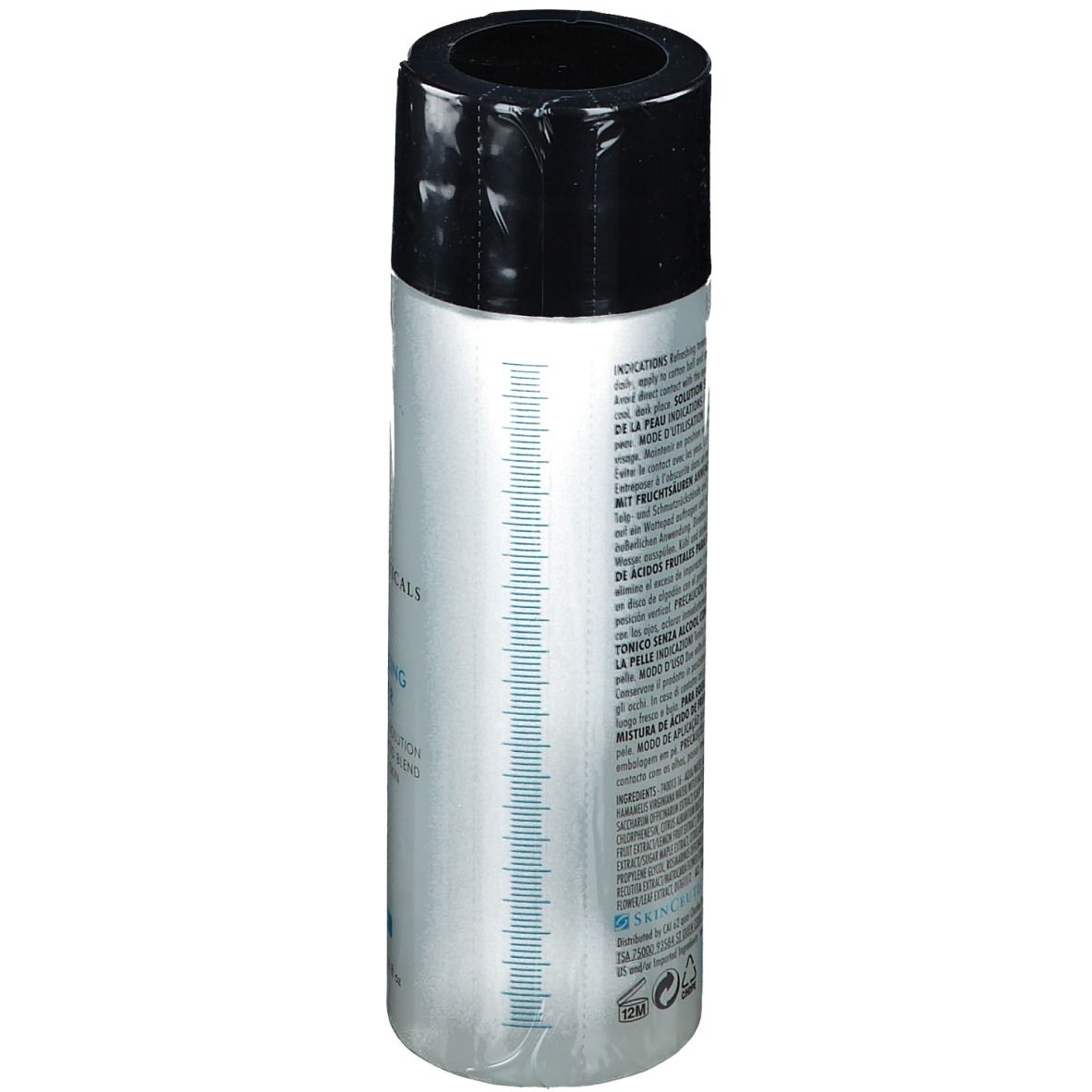 Skinceuticals Equalizing Toner. Dos du flacon. Texte multilingue. Échelle bleue. Bouchon noir. Forme cylindrique.