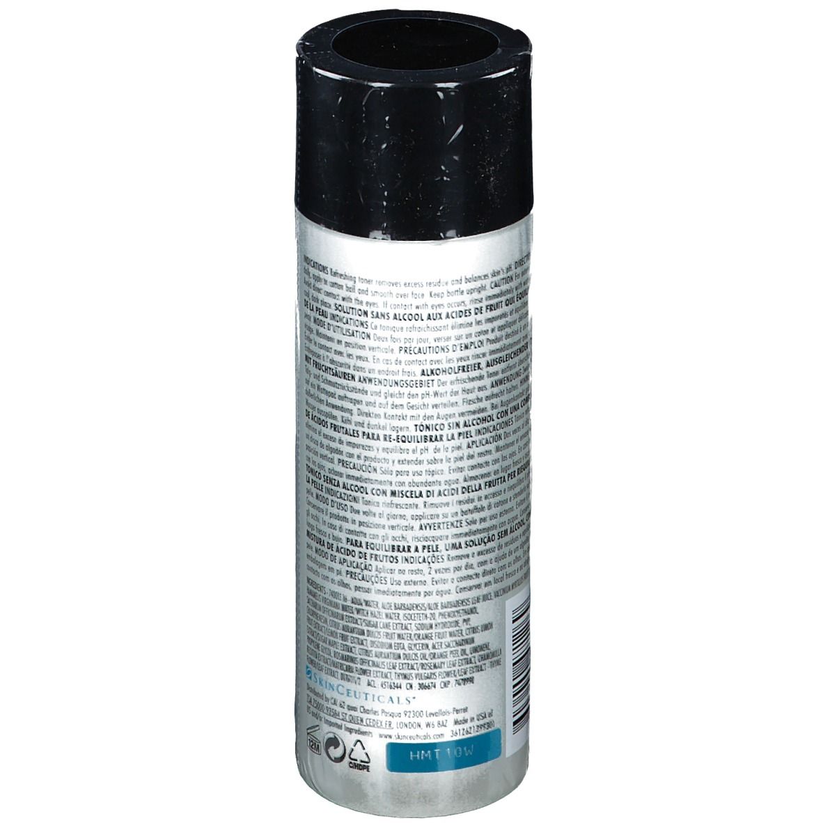 Skinceuticals Equalizing Toner. Dos du flacon. Texte multilingue. Bouchon noir. Forme cylindrique.