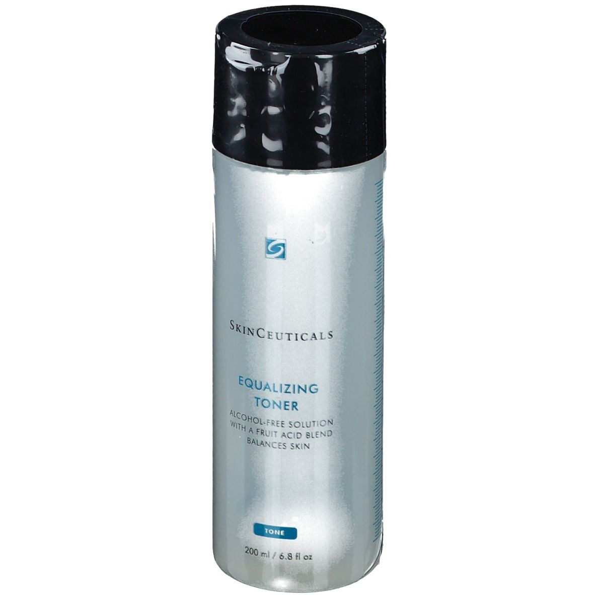 Skinceuticals Equalizing Toner. Flacon cylindrique avec bouchon noir. Inscription: Equalizing Toner. Solution sans alcool. 200 ml.
