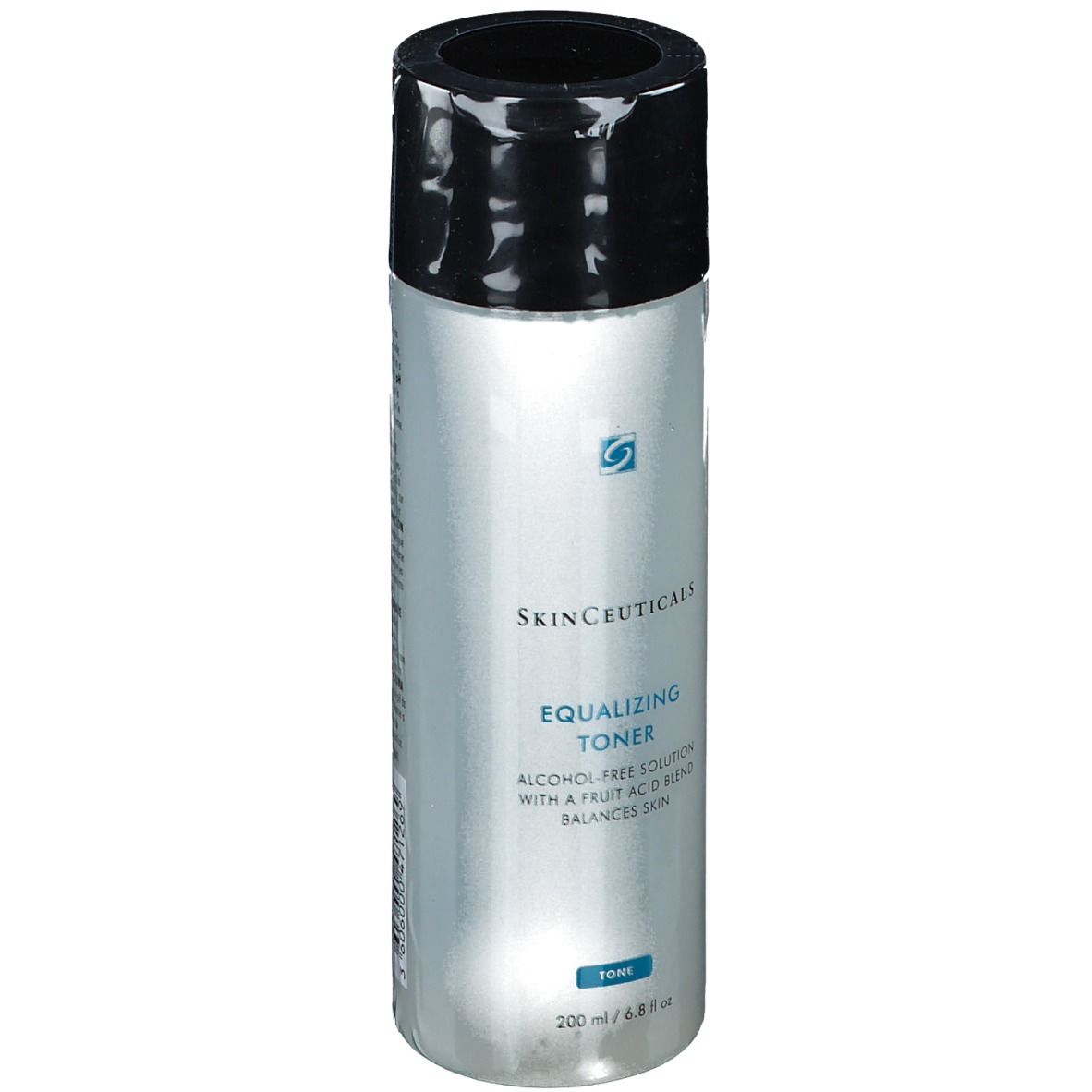 Skinceuticals Equalizing Toner. Flacon cylindrique avec bouchon noir. Inscription: Equalizing Toner. Solution sans alcool. 200 ml.