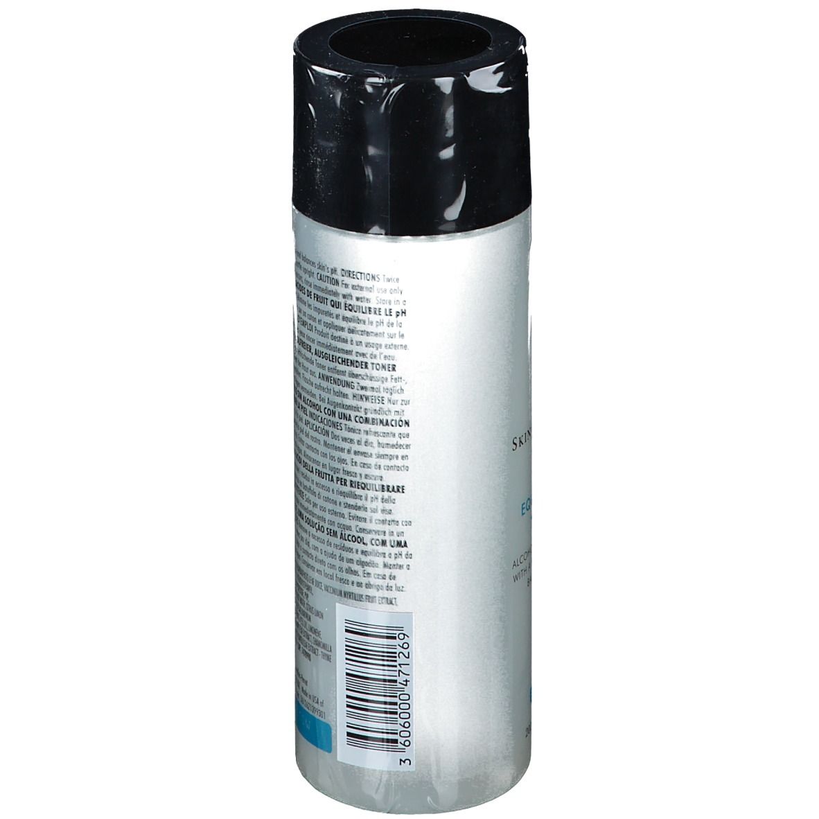 Skinceuticals Equalizing Toner. Dos du flacon. Texte multilingue. Bouchon noir. Forme cylindrique.