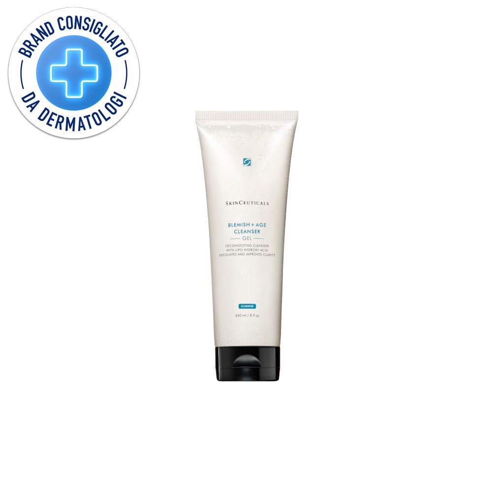 Tubo bianco con tappo nero. Scritta: Skinceuticals Blemish+Age Cleanser. Logo e testo blu. Sigillo: Brand Consigliato da Dermatologi.