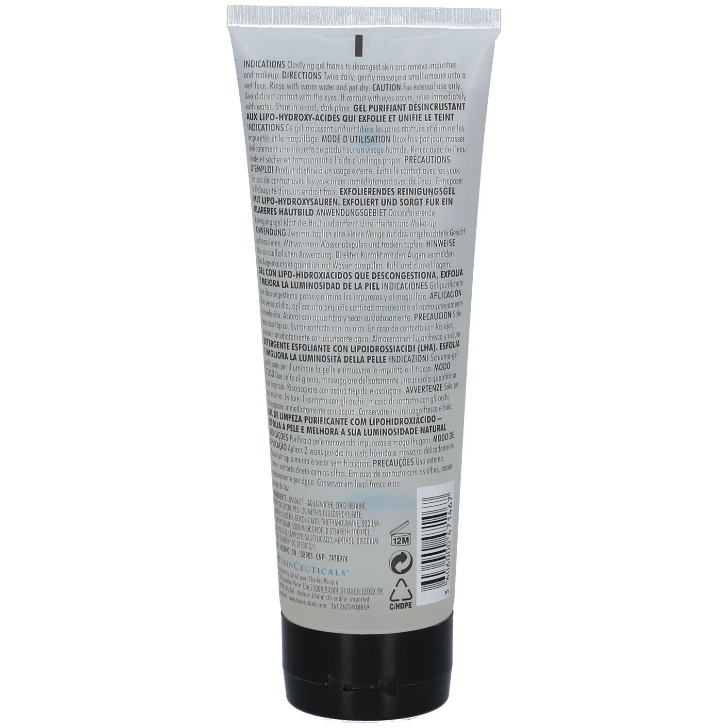 Retro di un tubo con tappo nero. Testo multilingue. Nome del prodotto e testo in blu. Codice a barre e altri simboli.