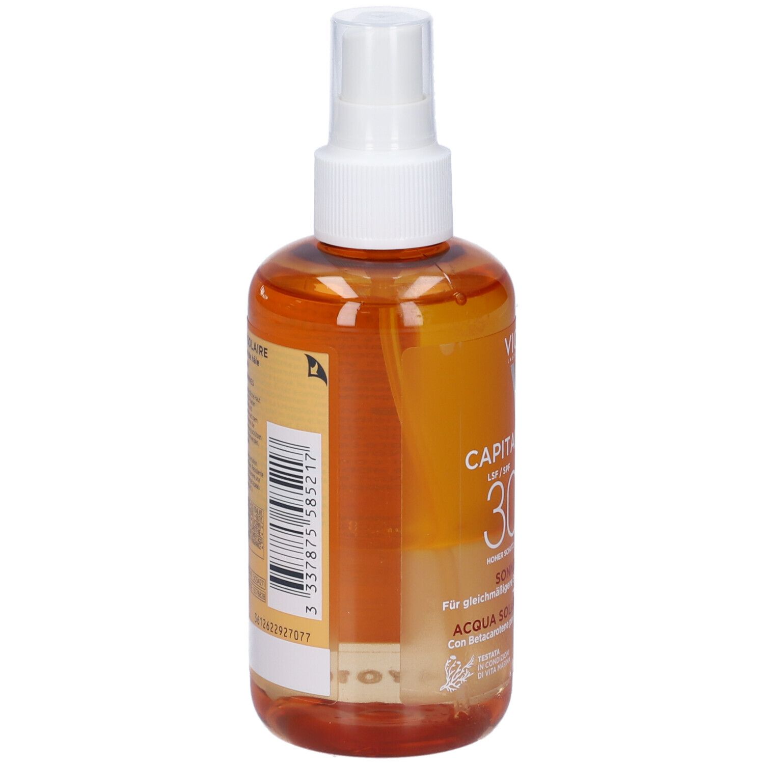 Retro del flacone spray. Testo e codice a barre su sfondo giallo. Con logo.