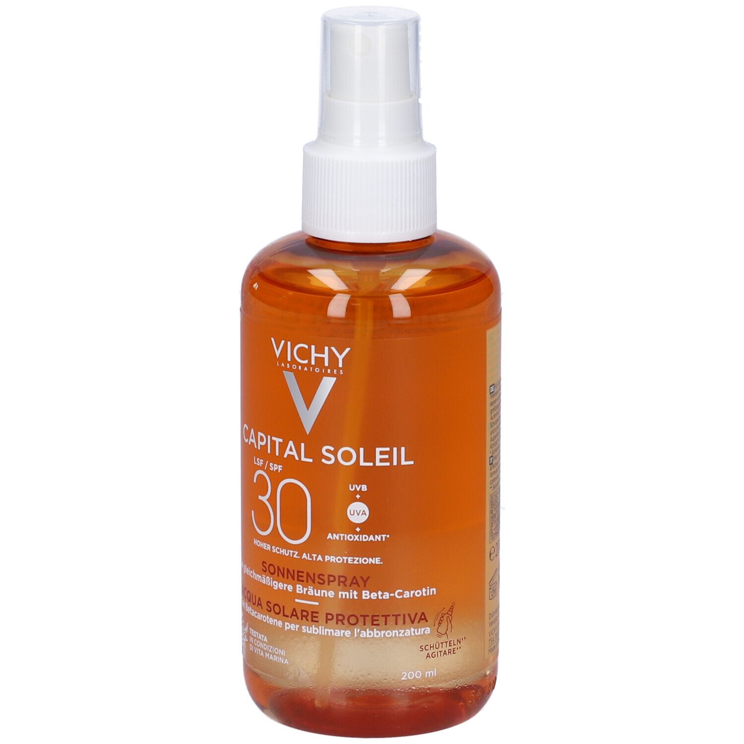 Spray solare LSF 30. Liquido giallo in flacone spray. Con logo e testo.