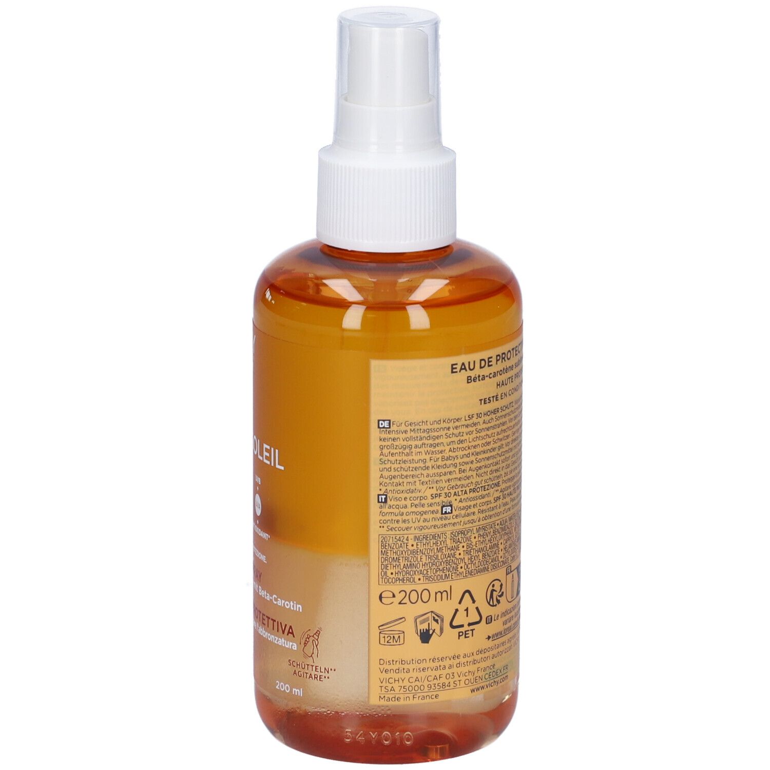 Retro del flacone spray. Testo e codice a barre su sfondo giallo. Con logo.