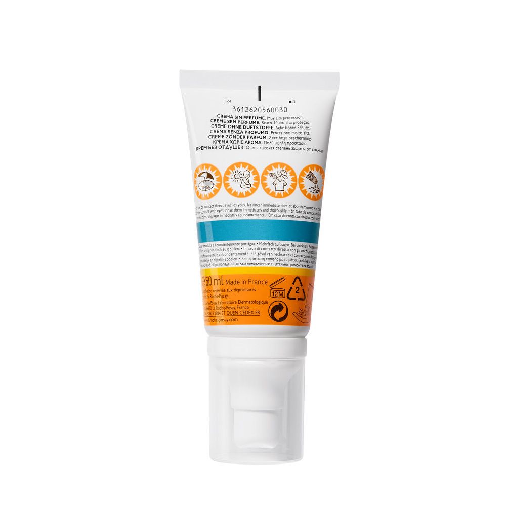 Retro del tubo La Roche-Posay Anthelios Ultra Creme LSF 50+. Testo e simboli. Bianco, arancione e blu.