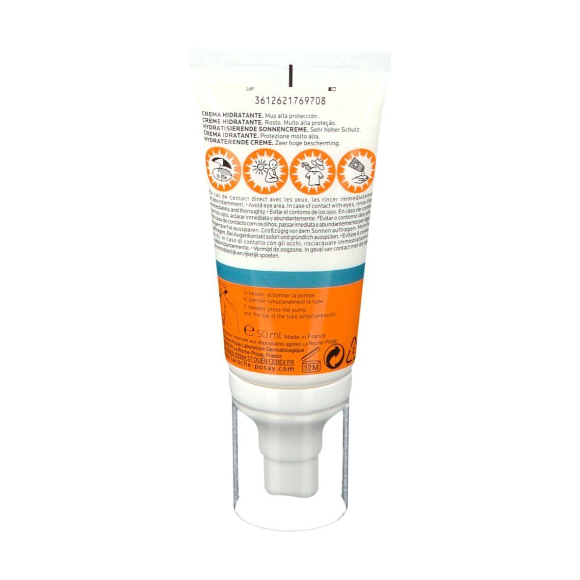 Retro del tubo La Roche-Posay Anthelios Crema LSF 50+. Testo multilingue. Informazioni prodotto.