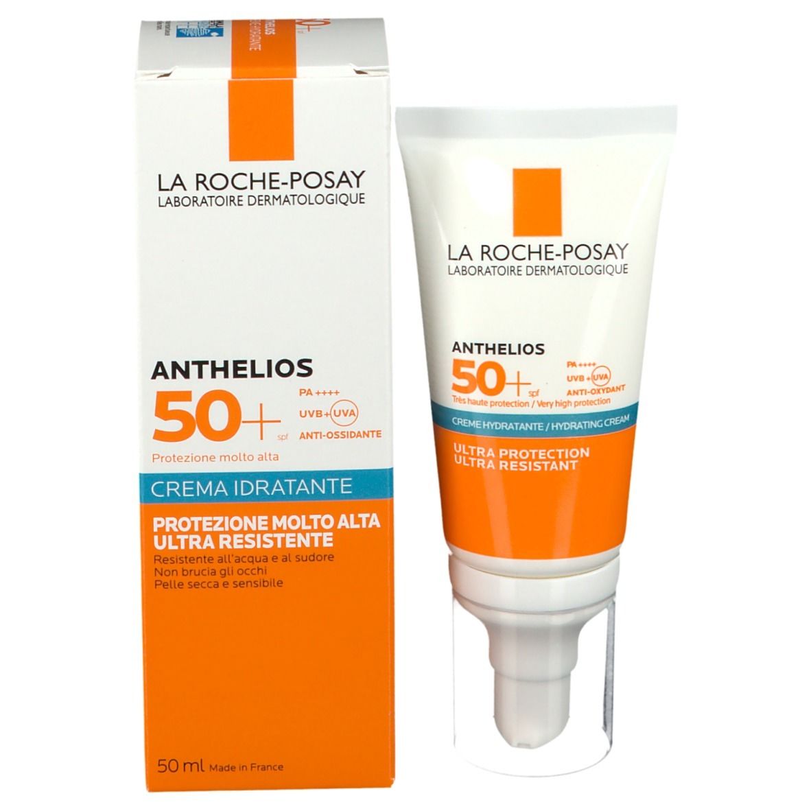 La Roche-Posay Anthelios Crema LSF 50+ e confezione. Tubo e scatola bianchi, dettagli arancioni.