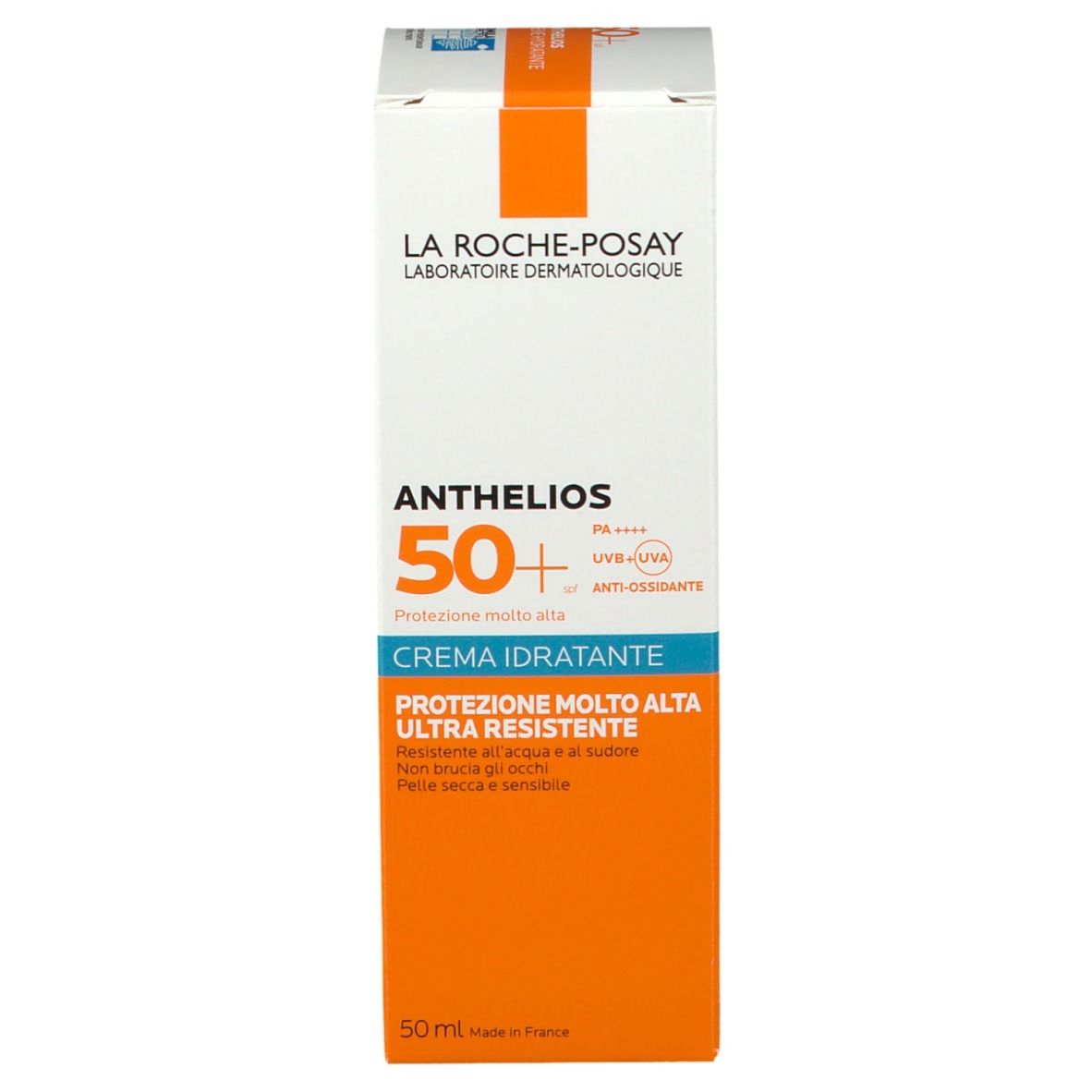 Confezione La Roche-Posay Anthelios Crema LSF 50+. Scatola arancione con informazioni prodotto.