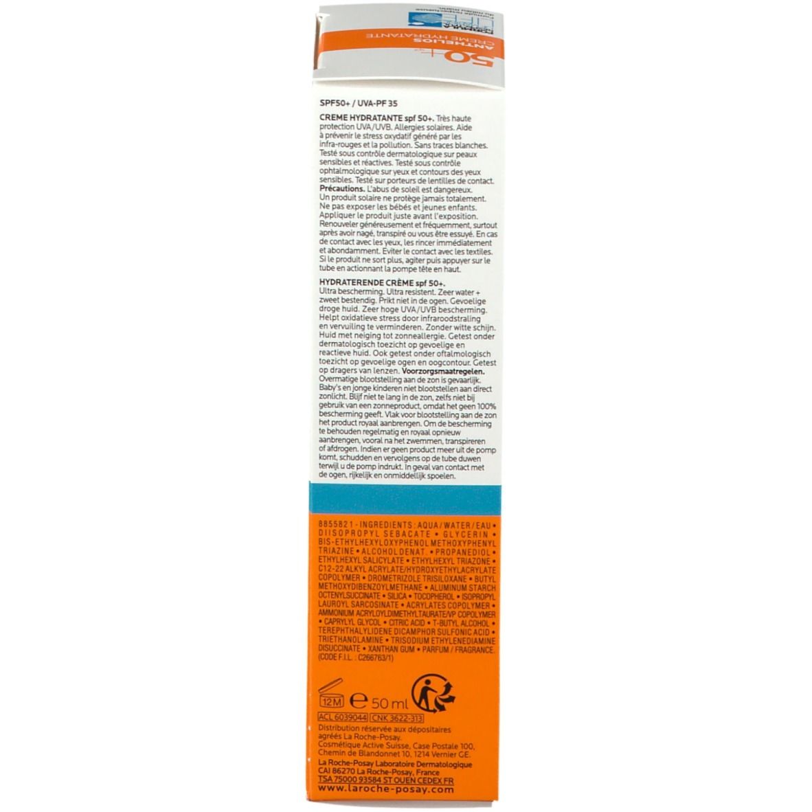 Retro della confezione La Roche-Posay Anthelios Crema LSF 50+. Testo multilingue. Informazioni prodotto.