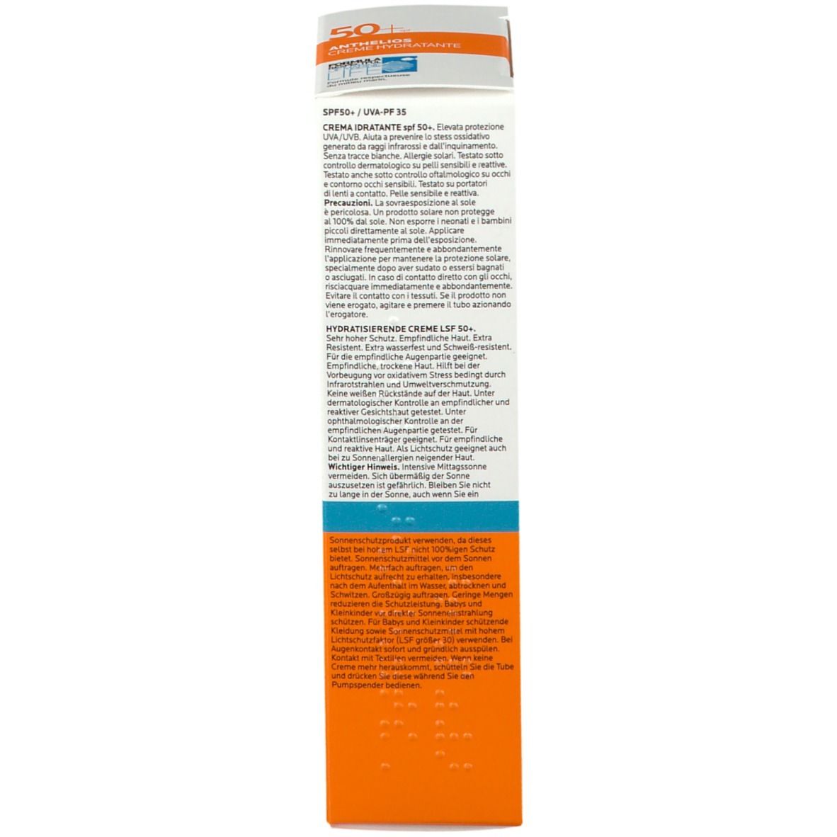 Lato della confezione La Roche-Posay Anthelios Crema LSF 50+. Testo multilingue. Informazioni prodotto.
