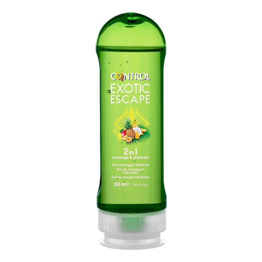 Flacone verde con etichetta. Scritta CONTROL EXOTIC ESCAPE. Illustrazione di frutta. 2in1 massaggio & piacere.
