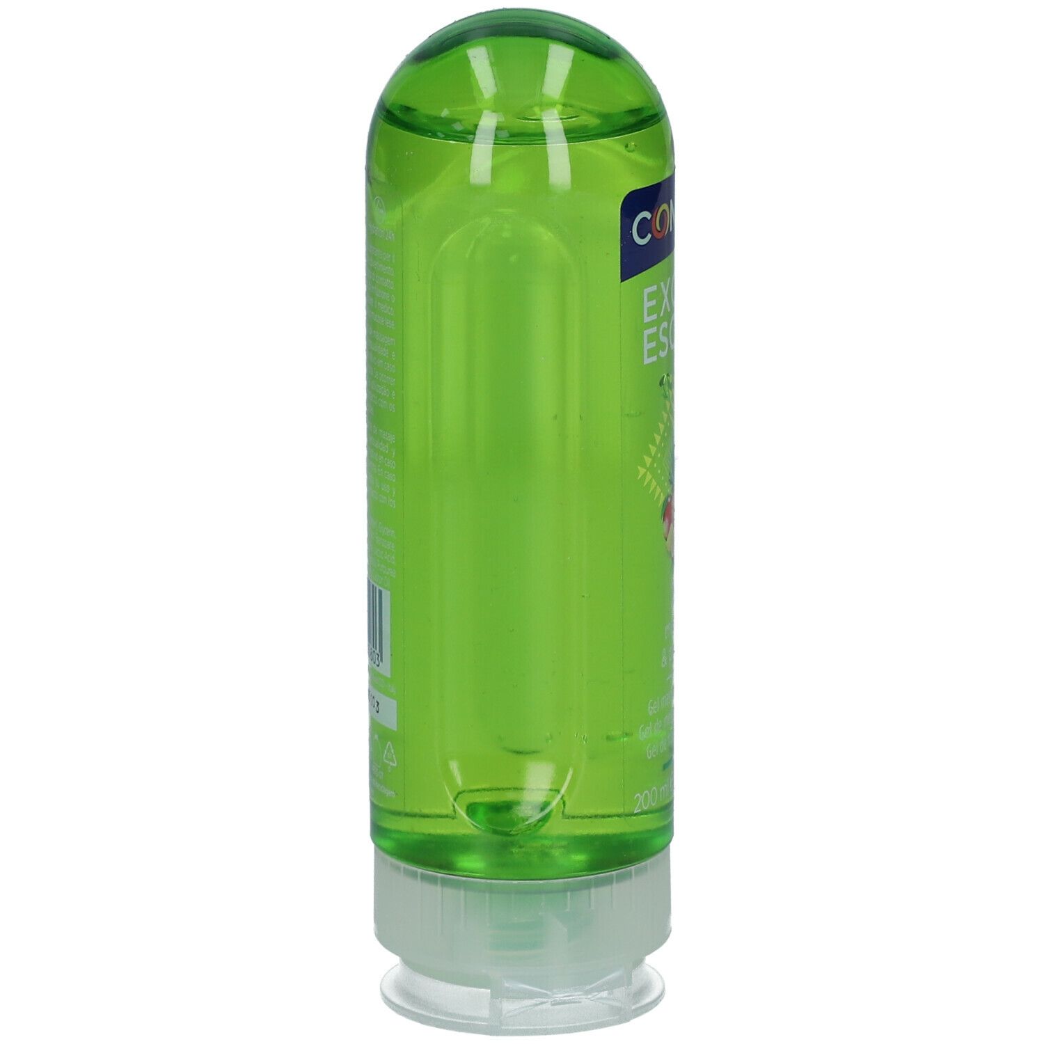 Flacone verde, vista laterale. Scritta CONTROL EXOTIC ESCAPE. Etichetta con testo. Liquido trasparente visibile.