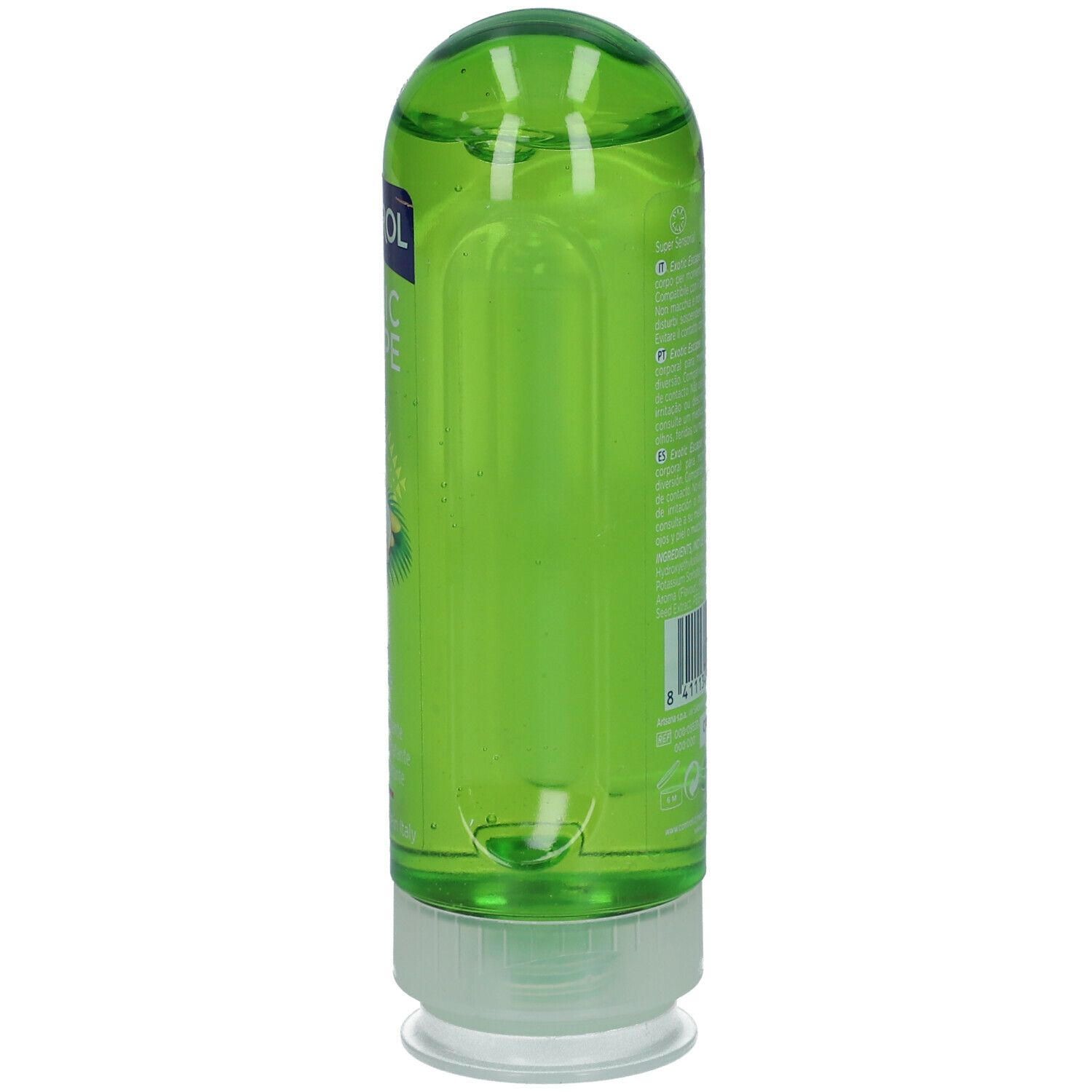 Flacone verde, vista laterale. Scritta CONTROL EXOTIC ESCAPE. Etichetta con testo. Liquido trasparente visibile.