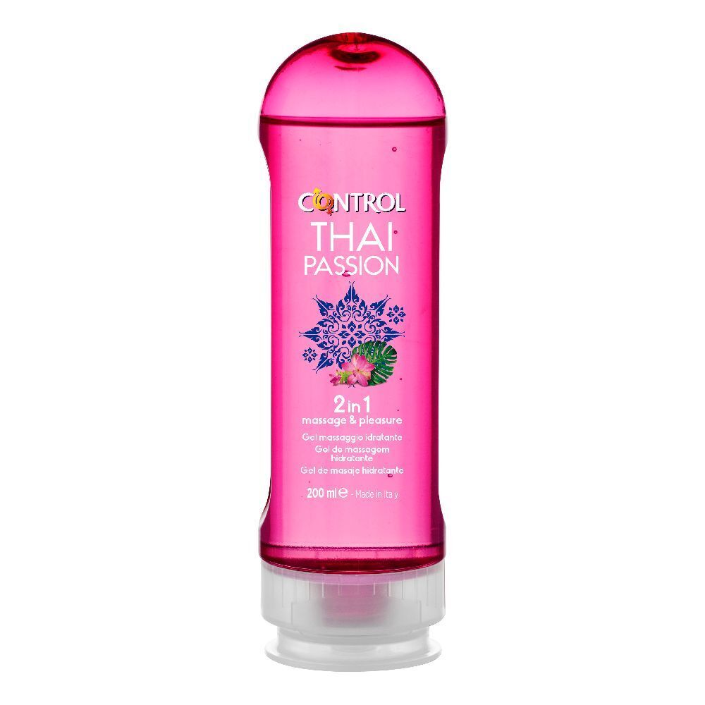 Flacone di gel rosa con tappo bianco. Scritte: CONTROL, THAI PASSION, 2in1 massage & pleasure. 200 ml.
