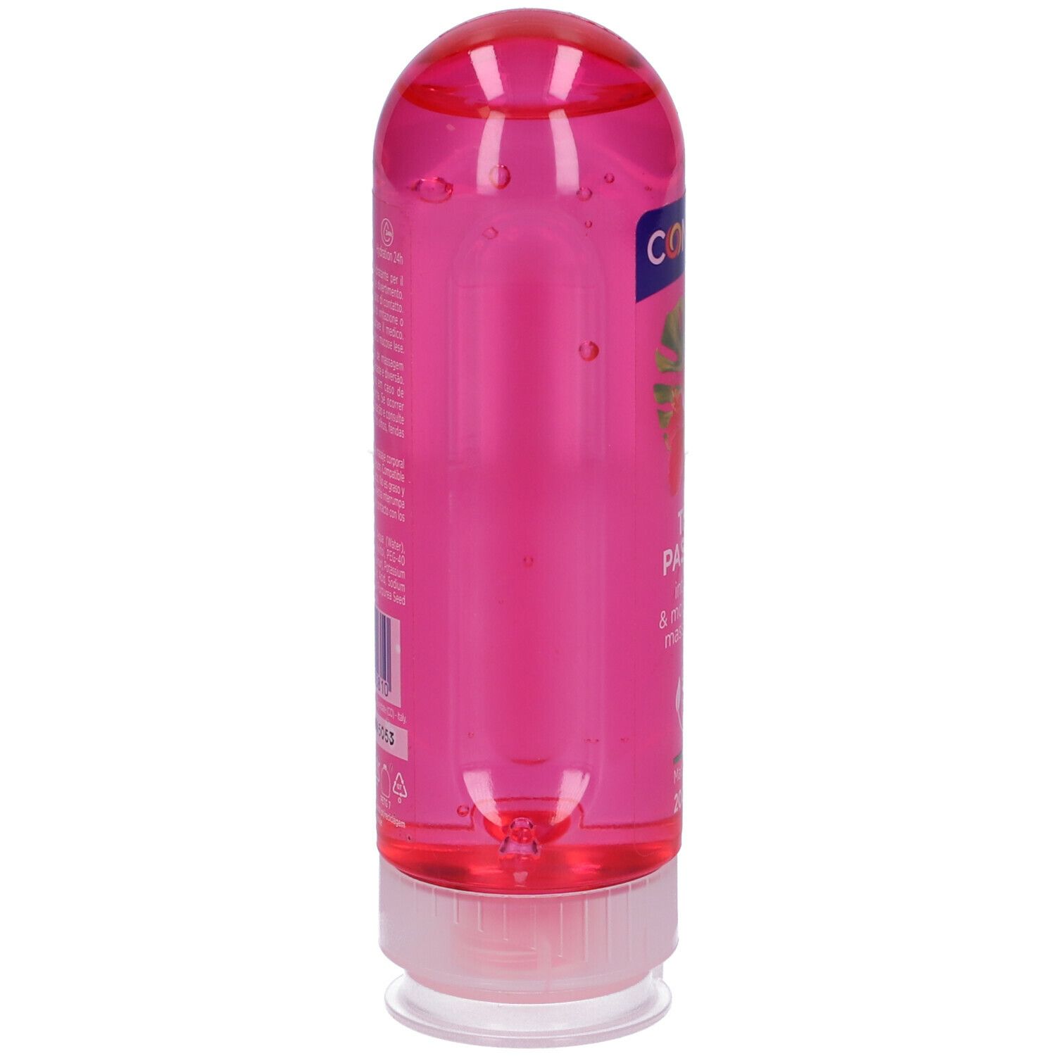 Flacone di gel rosa con tappo bianco. Retro con testo e codice a barre. 200 ml.