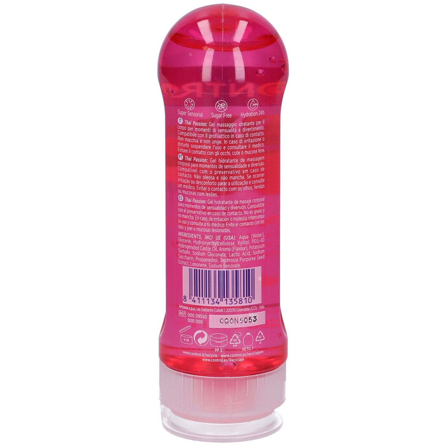Flacone di gel rosa con tappo bianco. Retro con testo e codice a barre. 200 ml.