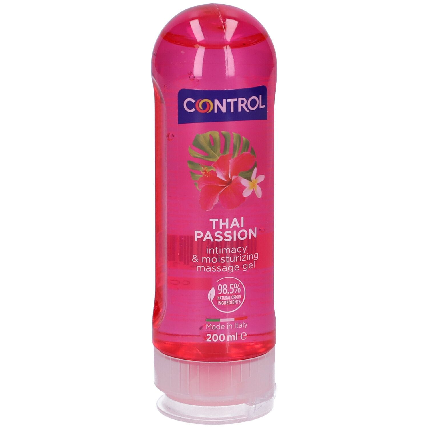Flacone di gel rosa con tappo bianco. Scritte: CONTROL, THAI PASSION, Intimacy & moisturizing massage gel. 200 ml.
