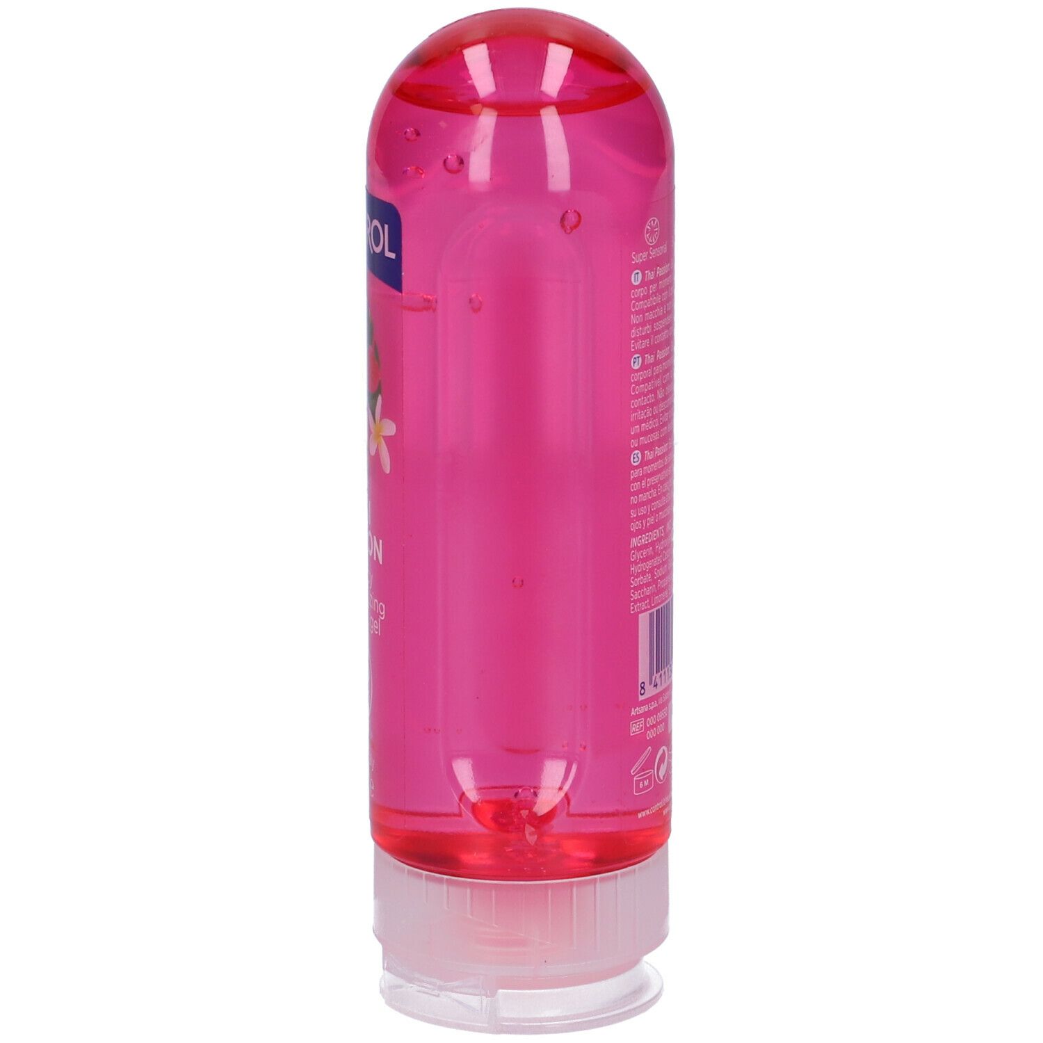 Flacone di gel rosa con tappo bianco. Scritte: CONTROL, THAI PASSION, Intimacy & moisturizing massage gel. 200 ml.