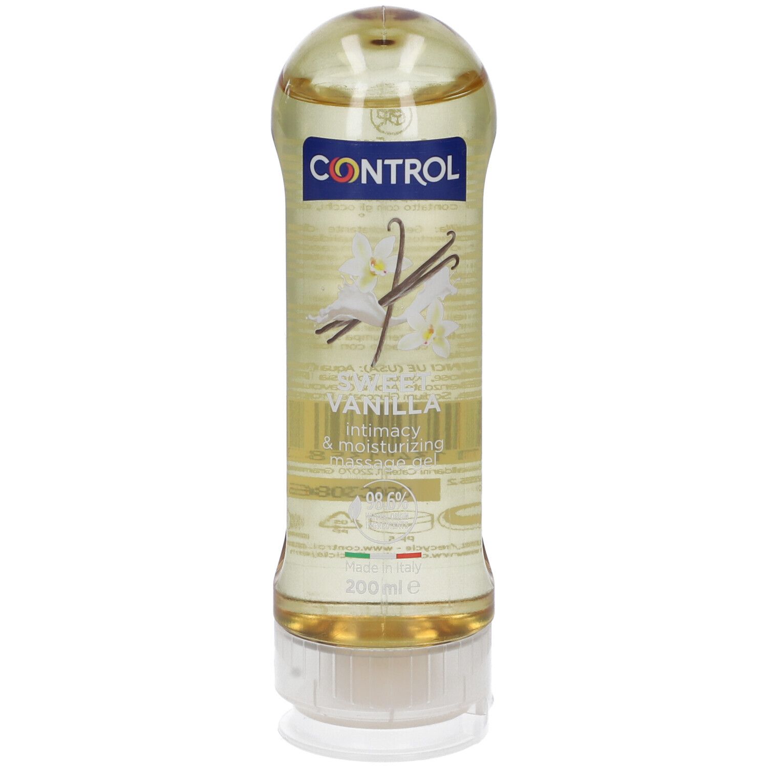 Flacone cilindrico con liquido giallo. Scritta CONTROL, motivo vaniglia e testo. Base con tappo bianco.