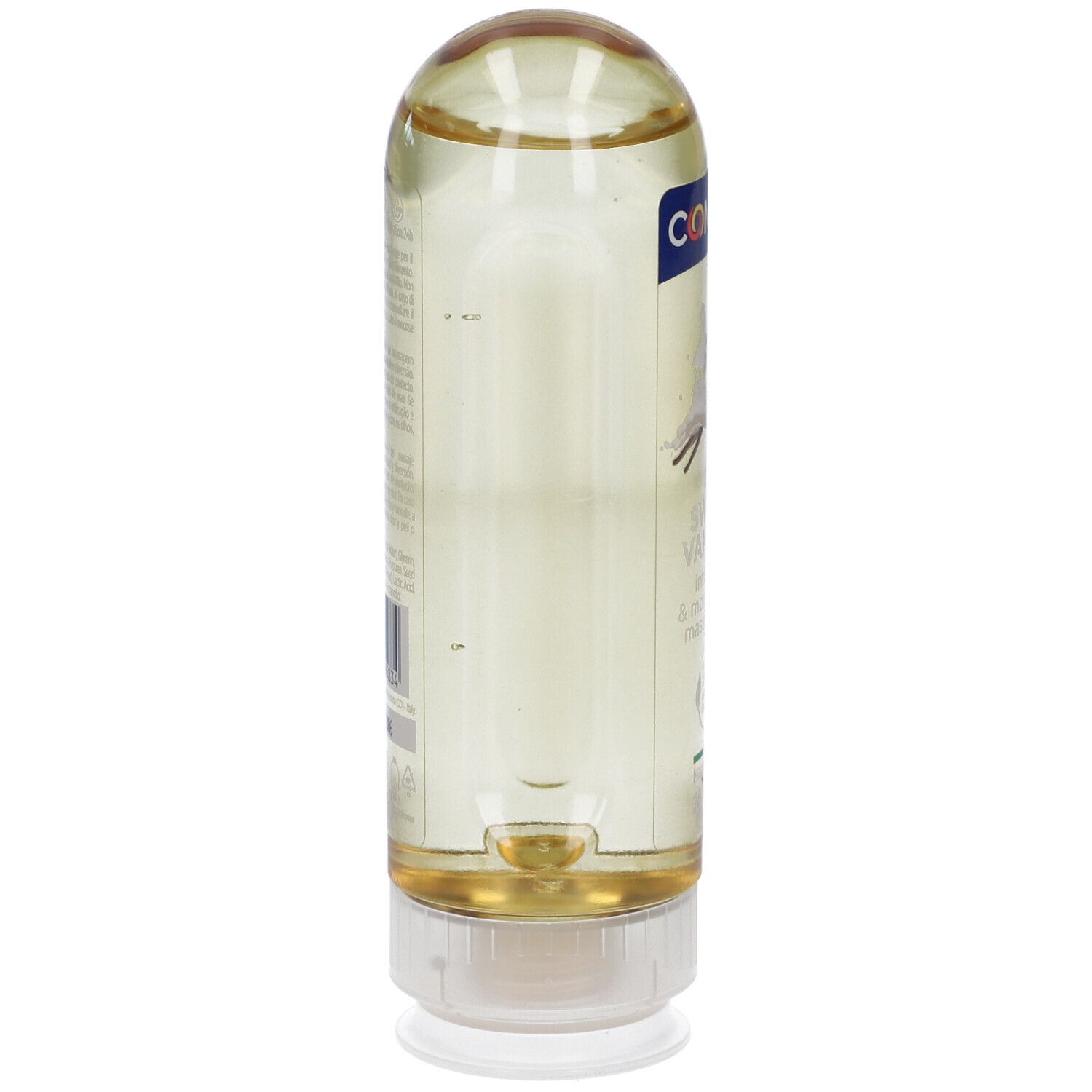 Flacone cilindrico con liquido giallo. Tappo bianco. Retro con testo e codice a barre.