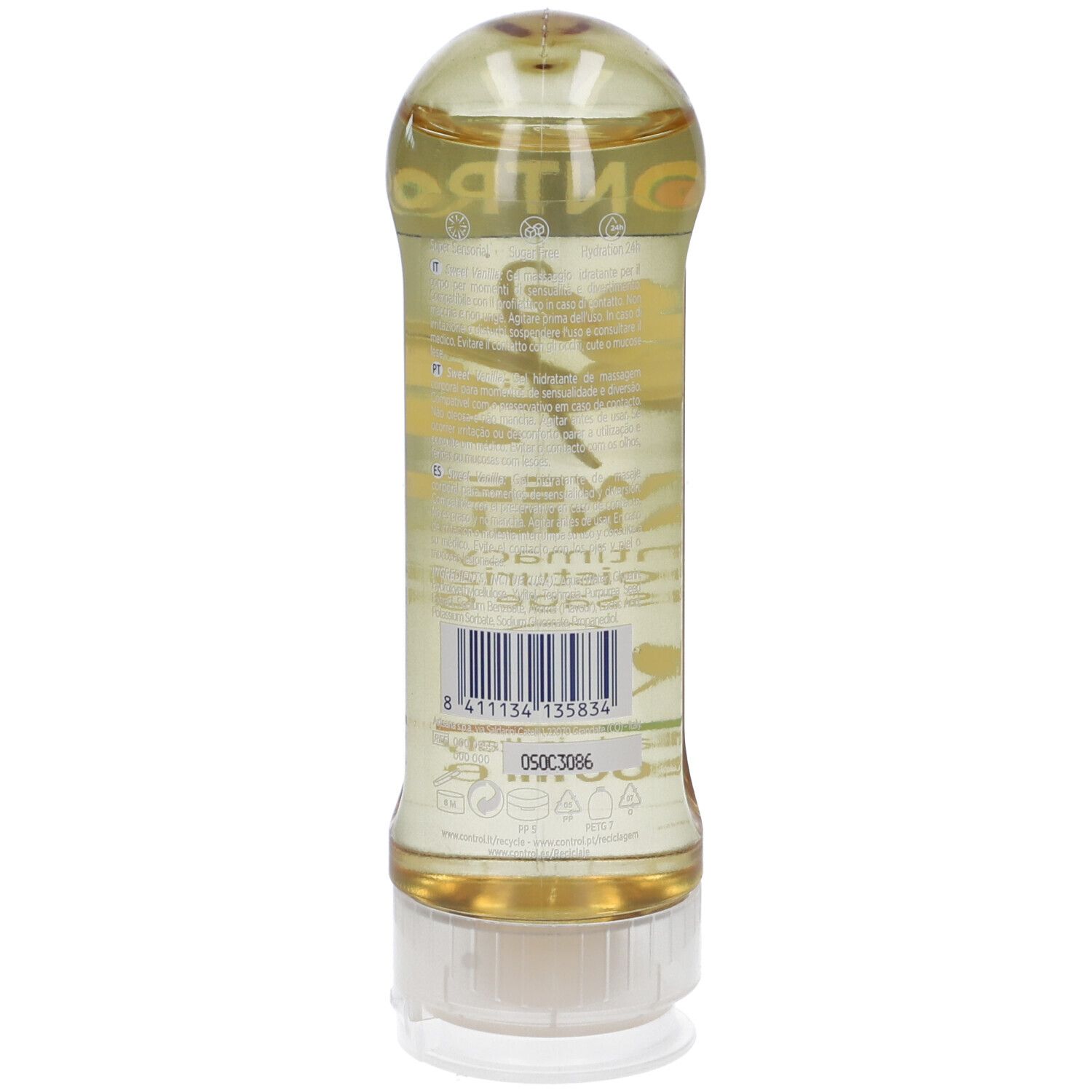 Flacone cilindrico con liquido giallo. Retro con testo e codice a barre. Tappo bianco.