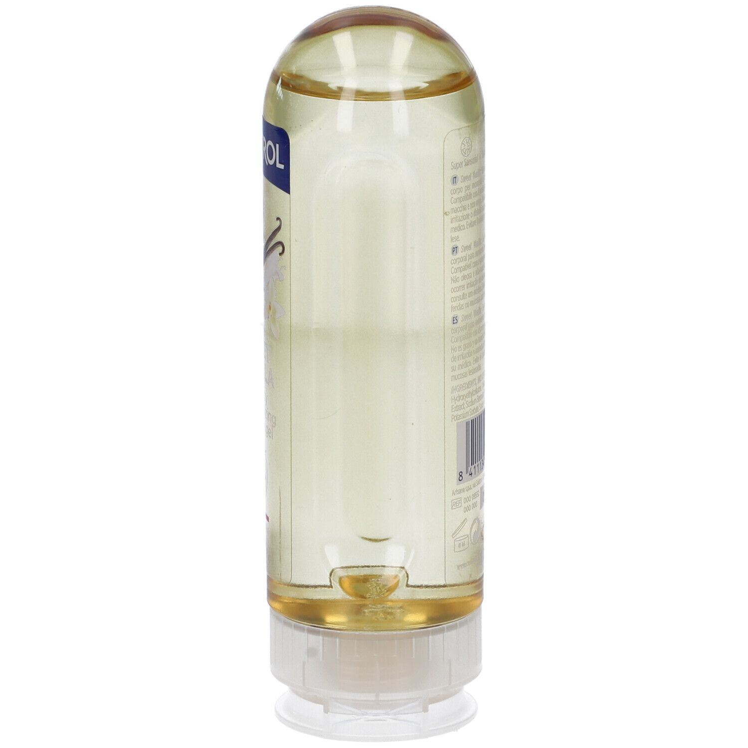 Flacone cilindrico con liquido giallo. Tappo bianco. Retro con testo e codice a barre.