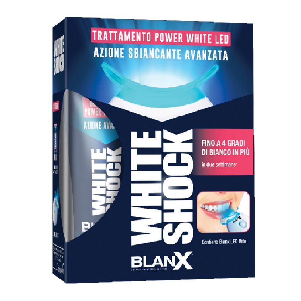 Verpackung von BlanX White Shock. Enthält LED-Biss. Text: Trattamento Power White LED, Azione Sbiancante Avanzata.