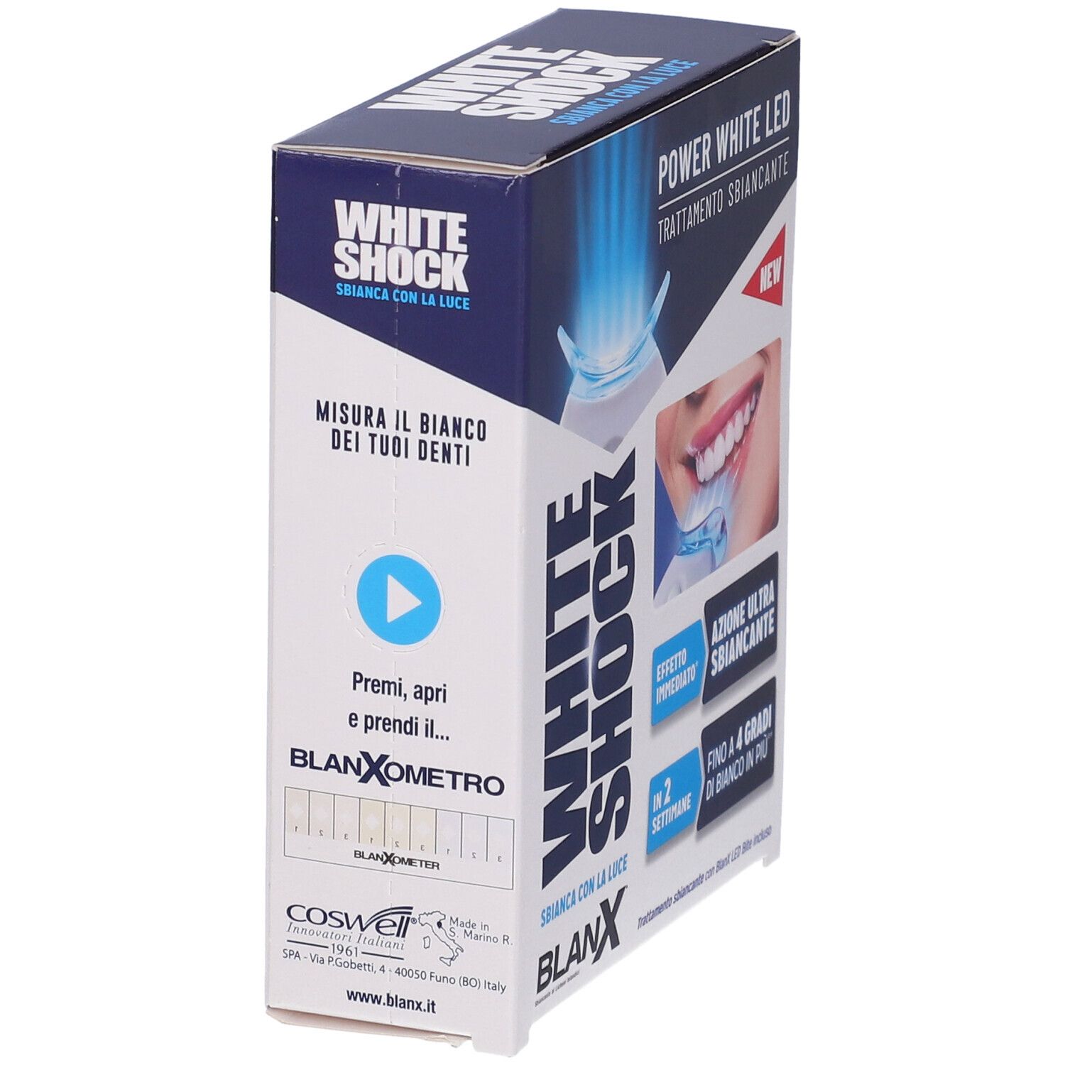 Verpackung von BlanX White Shock. Seitenansicht. Text: Misura il bianco dei tuoi denti. Enthält BlanXometro.