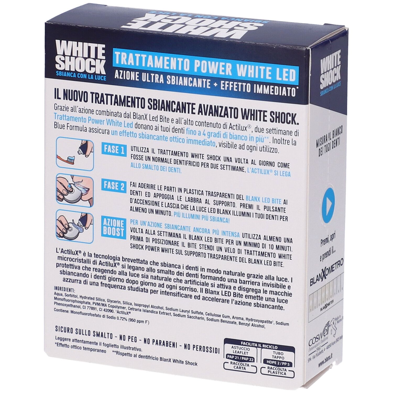 Rückseite der BlanX White Shock Verpackung. Text: Trattamento Power White LED, Azione Ultra Sbiancante. Anweisungen.