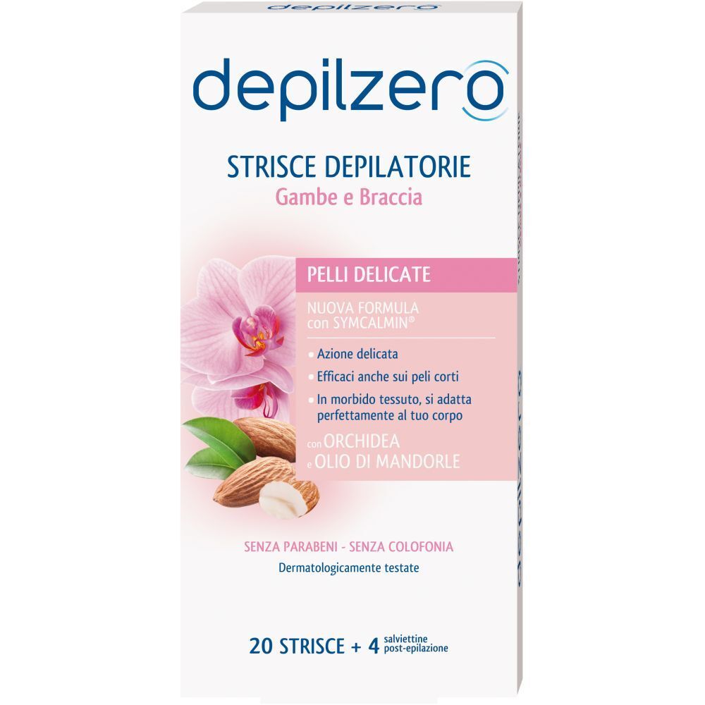 Confezione di strisce depilatorie Depilzero per gambe e braccia. Contiene 20 strisce e 4 salviettine post-epilazione.
