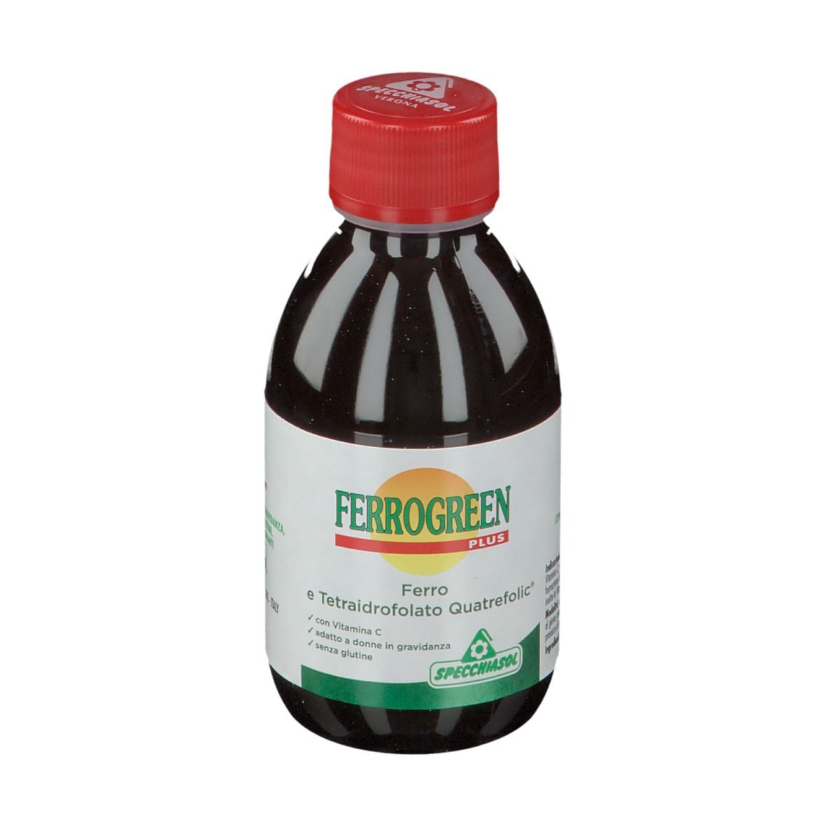 Liquido marrone in bottiglia con tappo rosso. Etichetta con nome del prodotto e ingredienti.