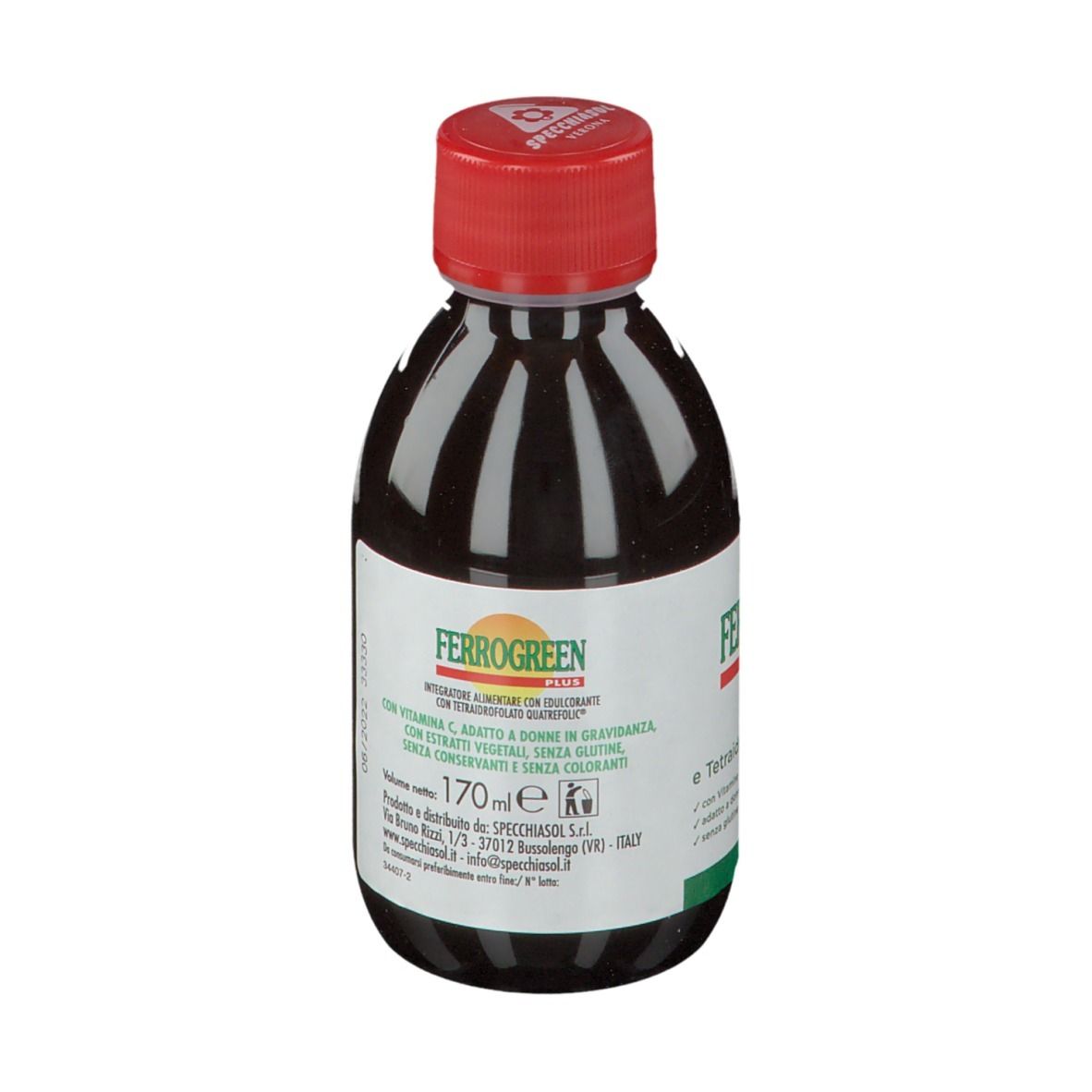 Bottiglia di liquido marrone con tappo rosso. Etichetta con informazioni e volume del prodotto.