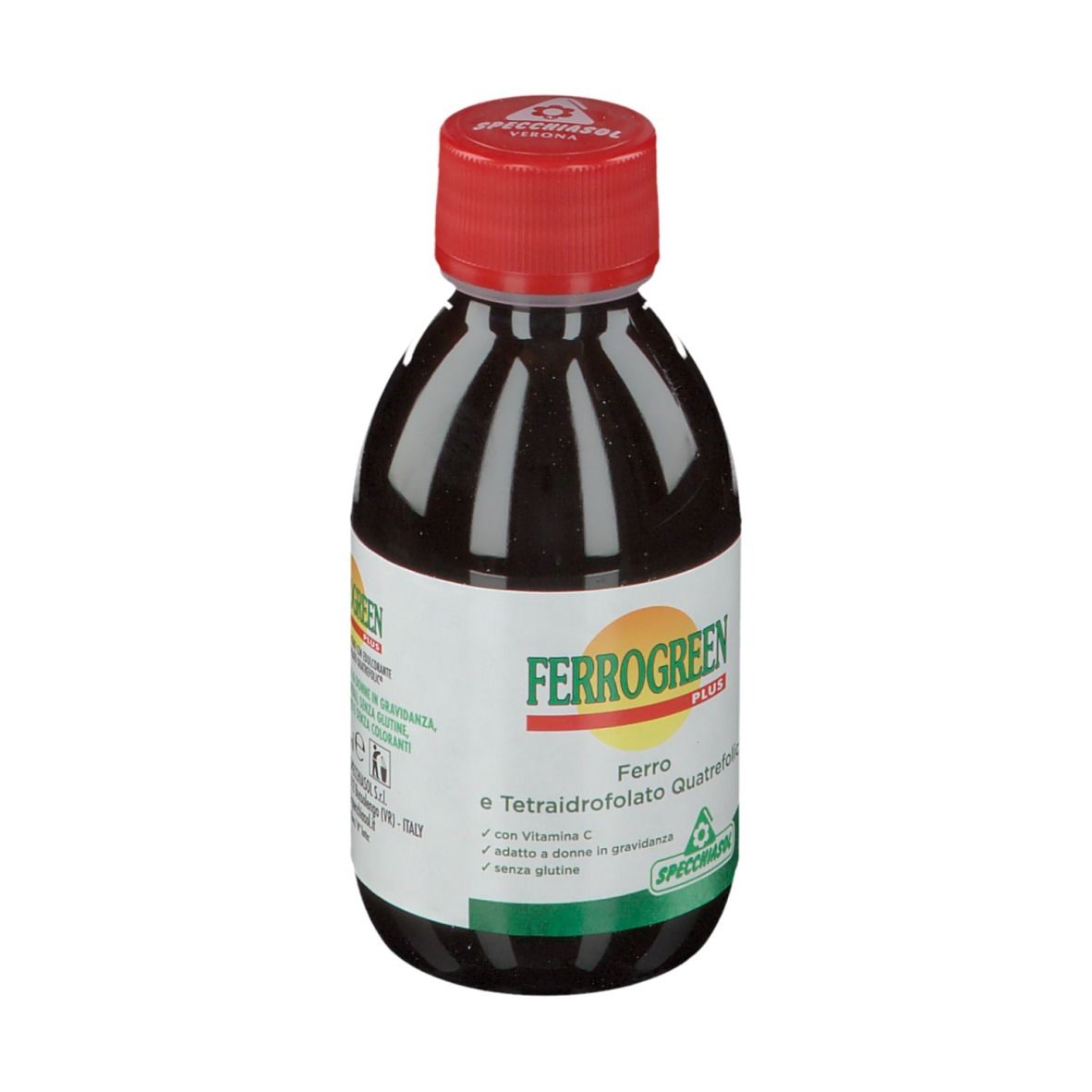 Bottiglia di liquido marrone con tappo rosso. Etichetta con nome del prodotto e ingredienti.