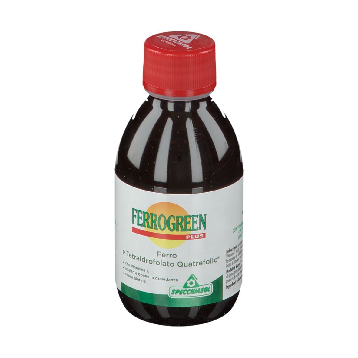 Bottiglia di liquido marrone con tappo rosso. Etichetta con nome del prodotto e ingredienti.