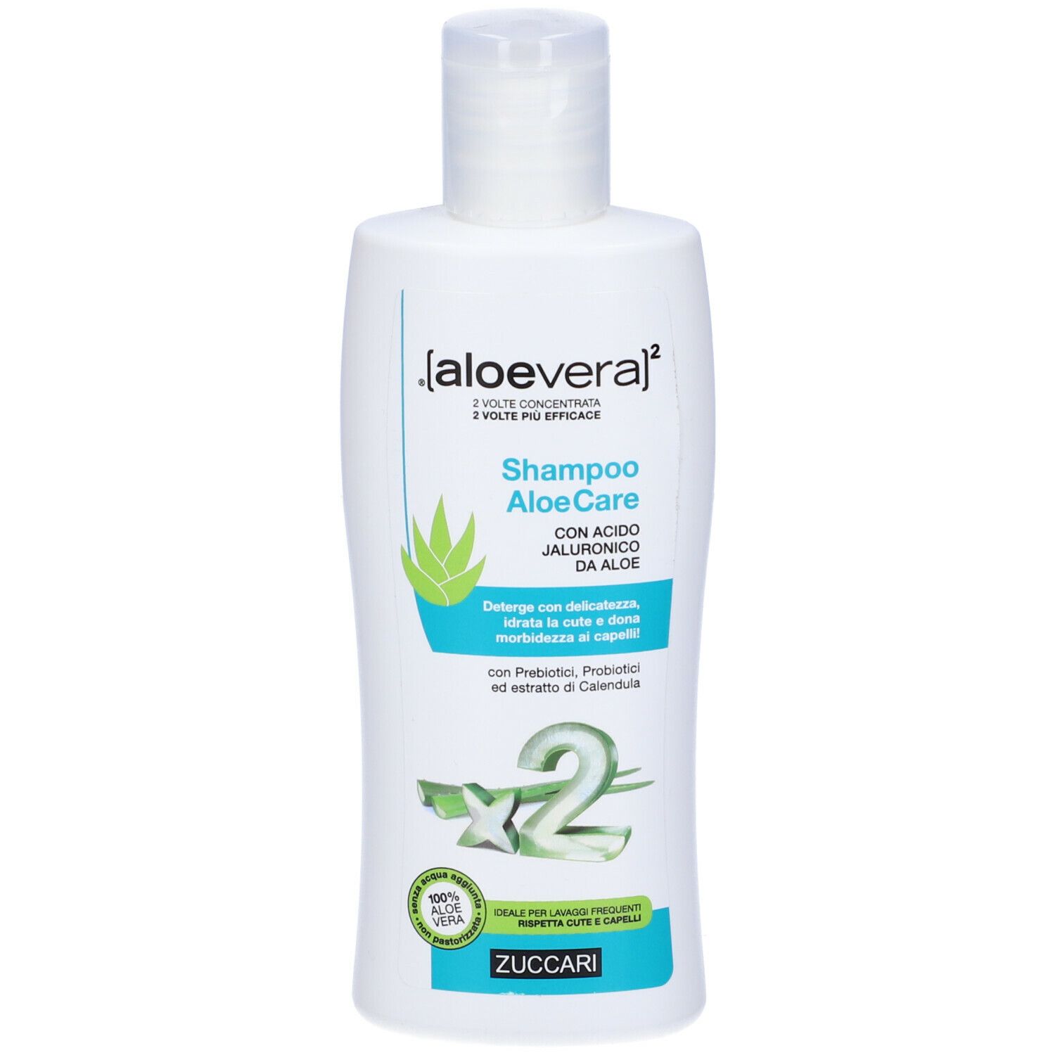 Flacone bianco ZUCCARI Shampoo AloeCare. Scritta: Aloe vera, Shampoo, AloeCare, con acido ialuronico, Aloe.
