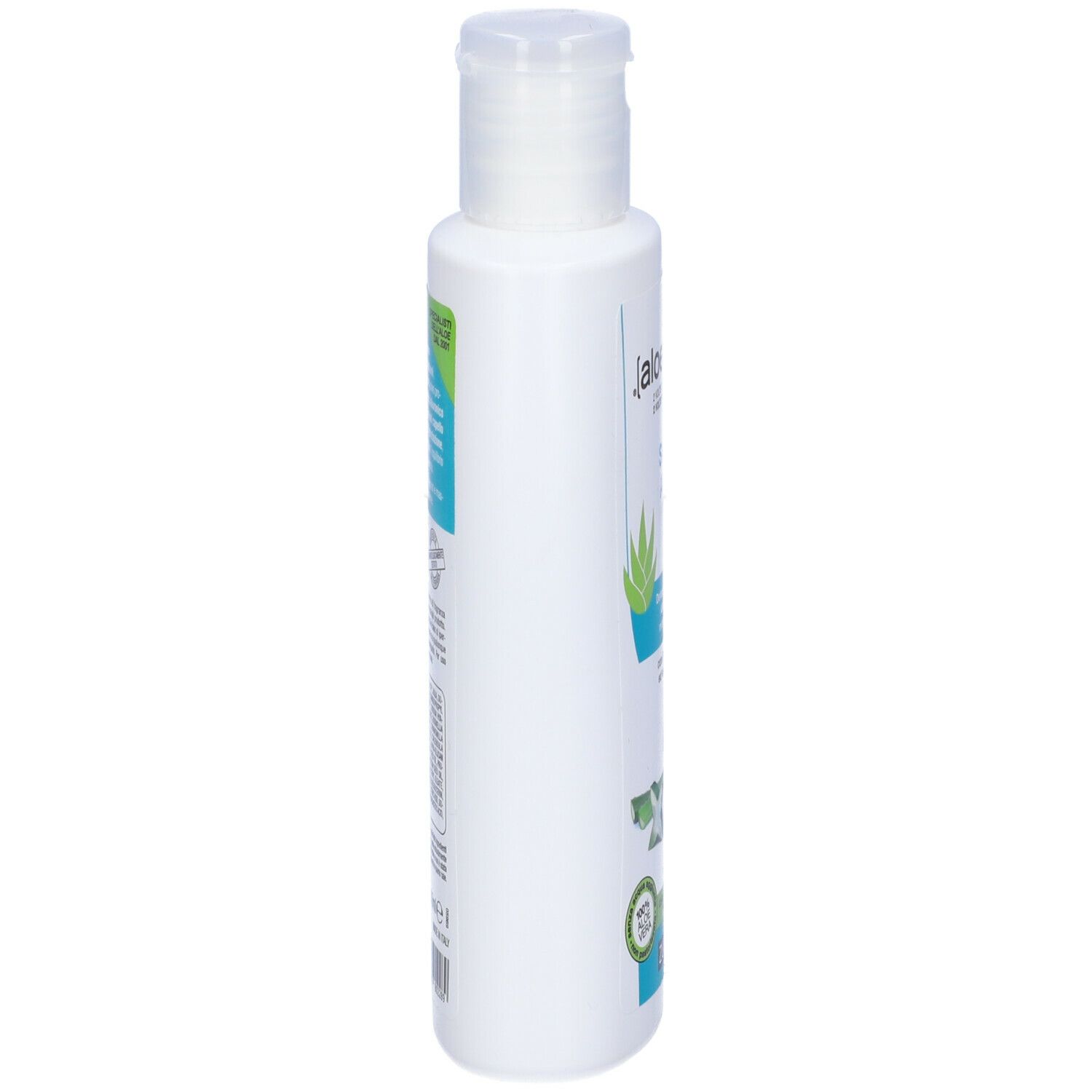 Flacone bianco ZUCCARI Shampoo AloeCare, vista laterale. Con tappo bianco. Scritta ed etichetta.