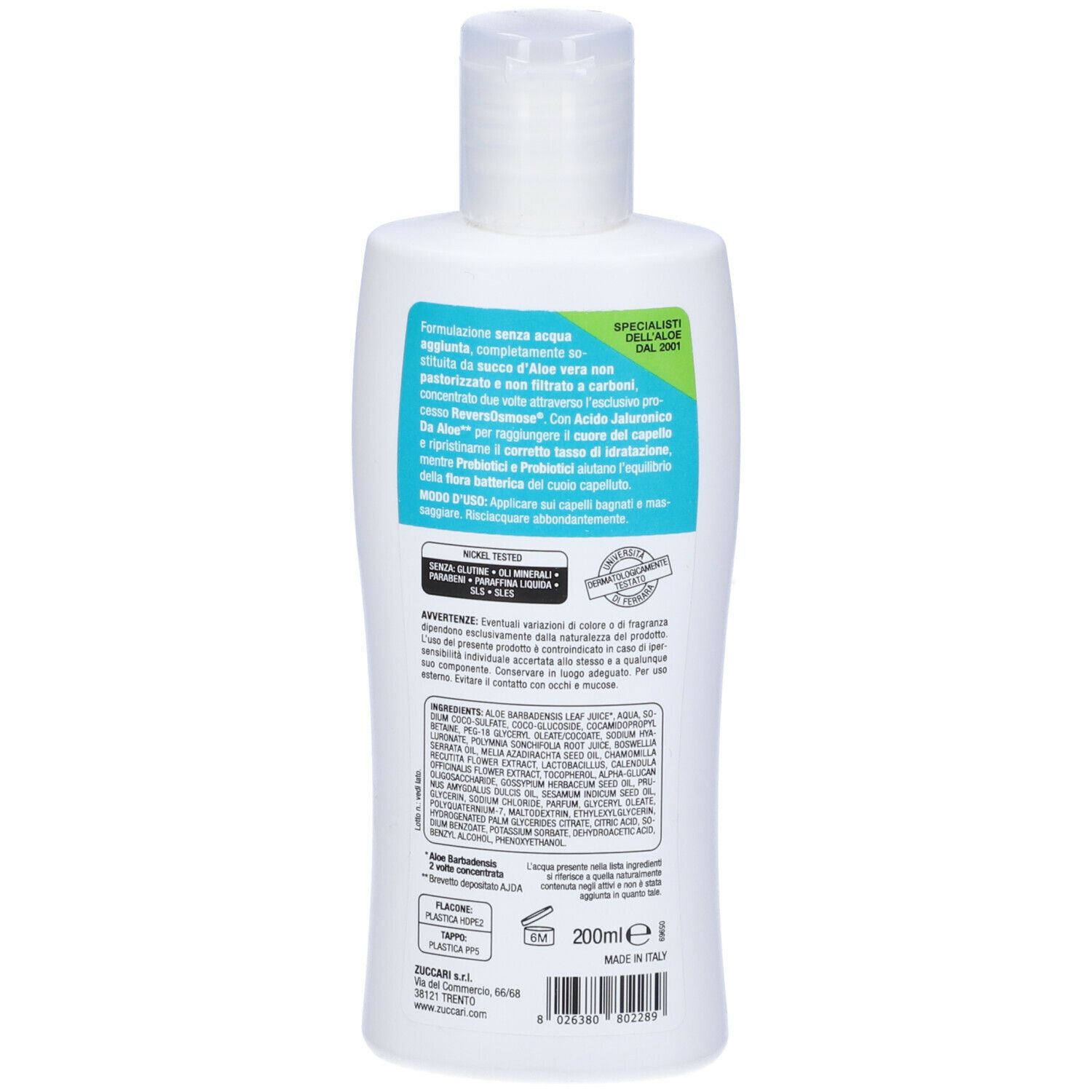 Retro del flacone bianco ZUCCARI Shampoo AloeCare. Testo con ingredienti e informazioni.