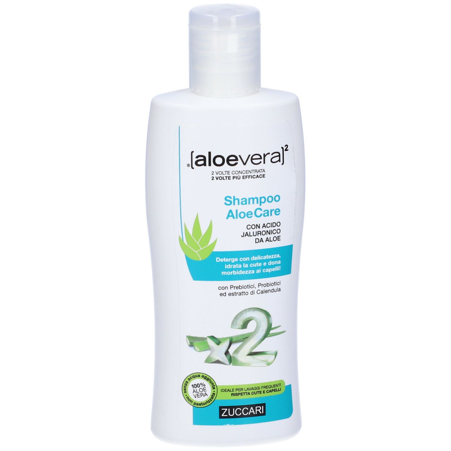 Flacone bianco ZUCCARI Shampoo AloeCare. Scritta: Aloe vera, Shampoo, AloeCare, con acido ialuronico, Aloe.