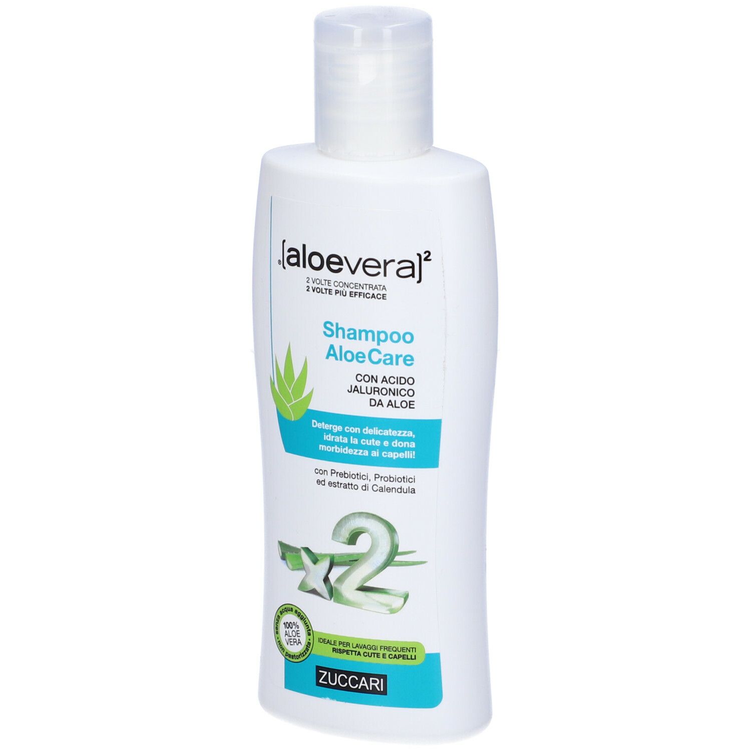 Flacone bianco ZUCCARI Shampoo AloeCare. Scritta: Aloe vera, Shampoo, AloeCare, con acido ialuronico, Aloe.