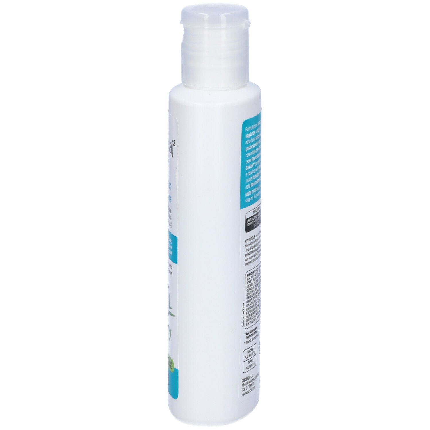 Flacone bianco ZUCCARI Shampoo AloeCare, vista laterale. Con tappo bianco. Scritta ed etichetta.